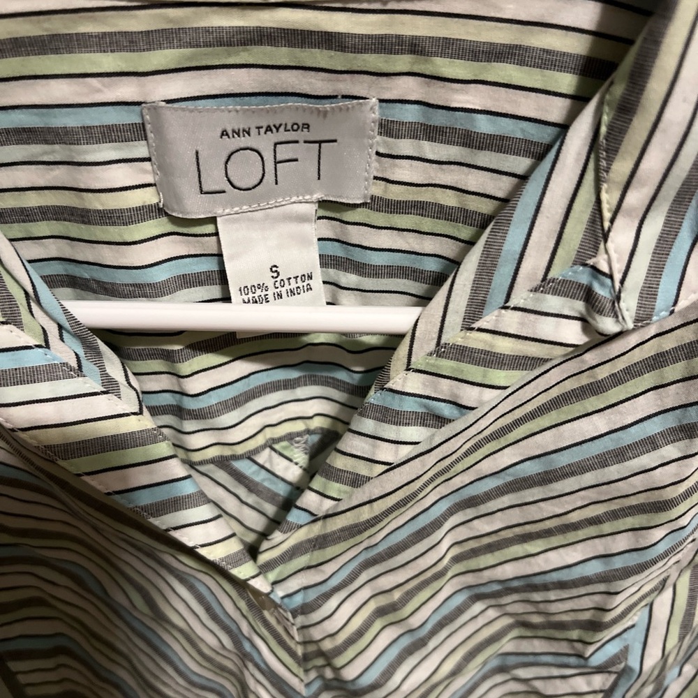 Ann Taylor Loft Multicolor Striped Blouse size S Blue Green Gray Grandmacore